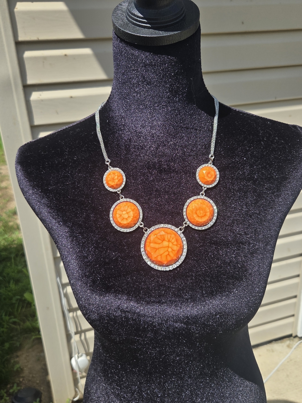 Lucky Brand Silver Tone Orange Statement Necklace with Silver Accents